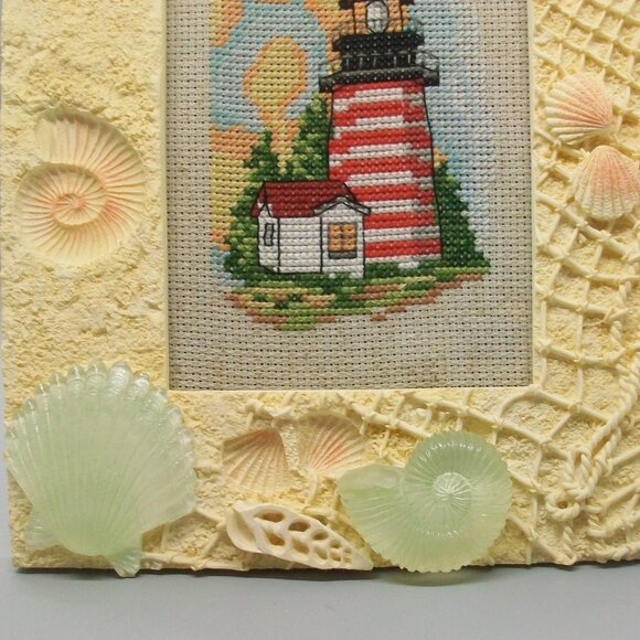 Cross Stitch Red White Stripe Lighthouse Scene in Seashell Frame - Picture 3 of 5